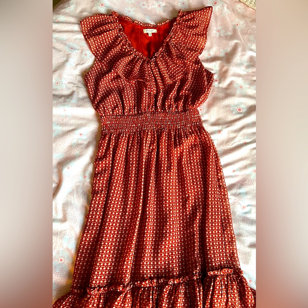 Max Studio Rust/Brick Red Patterned Maxi Dress Ruffles Sleeveless V-Neck Medium
